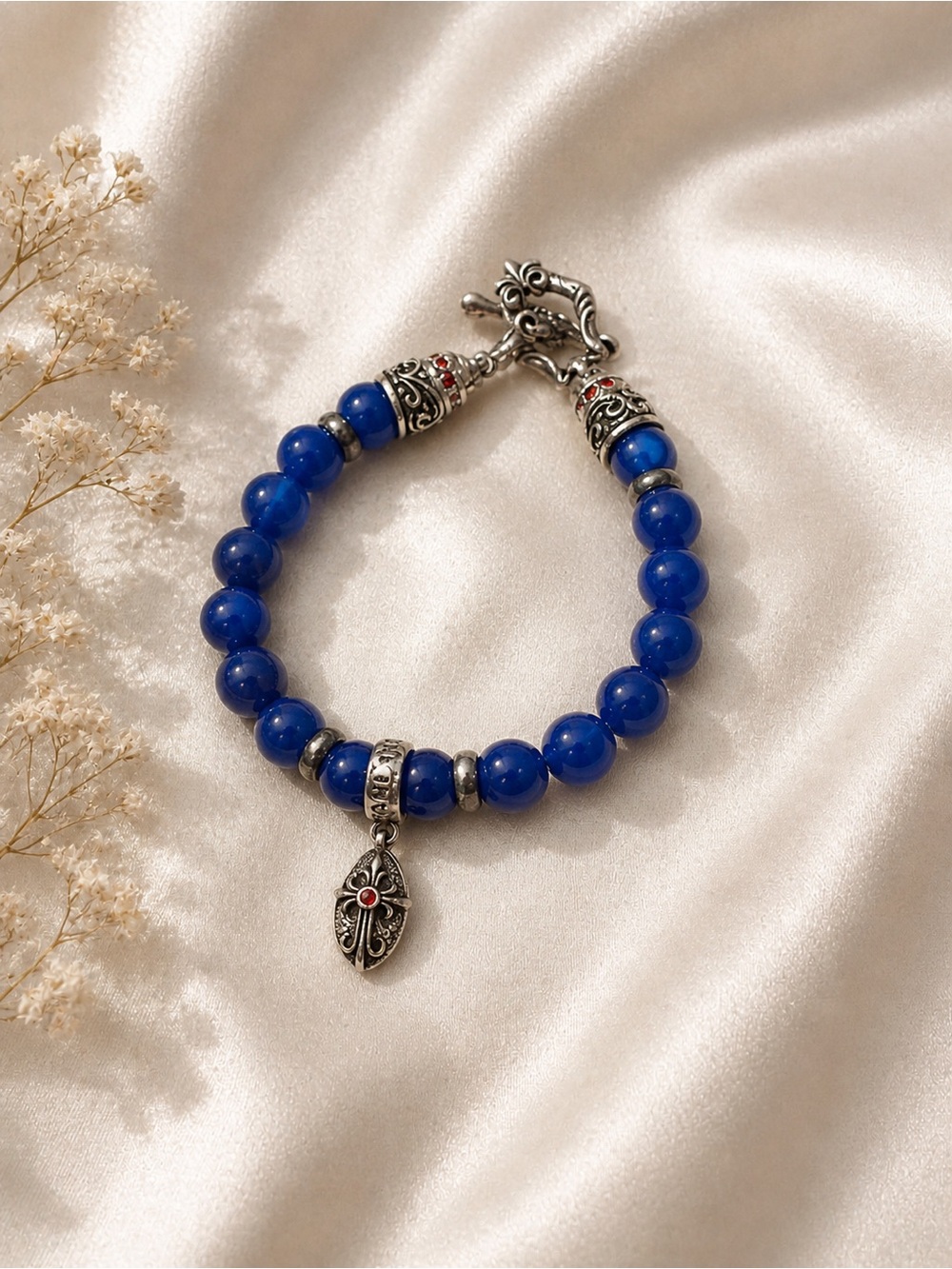 Blue Beaded Silver Bracelet –